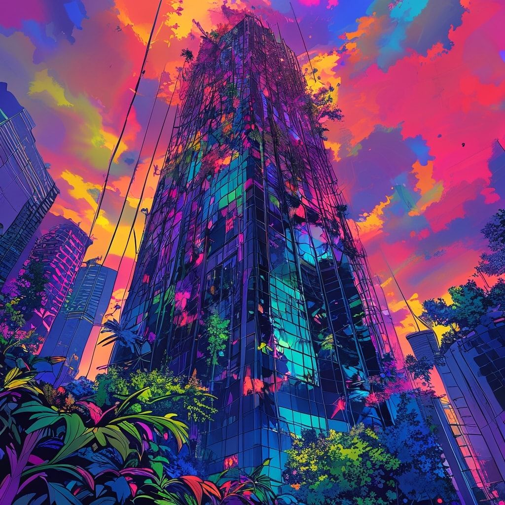 A towering, vine-choked skyscraper looms under a neon-lit twilight, its fractured glass reflecting psychedelic hues. Bold pop art strokes exaggerate jagged edges and wild foliage bursting from shat...