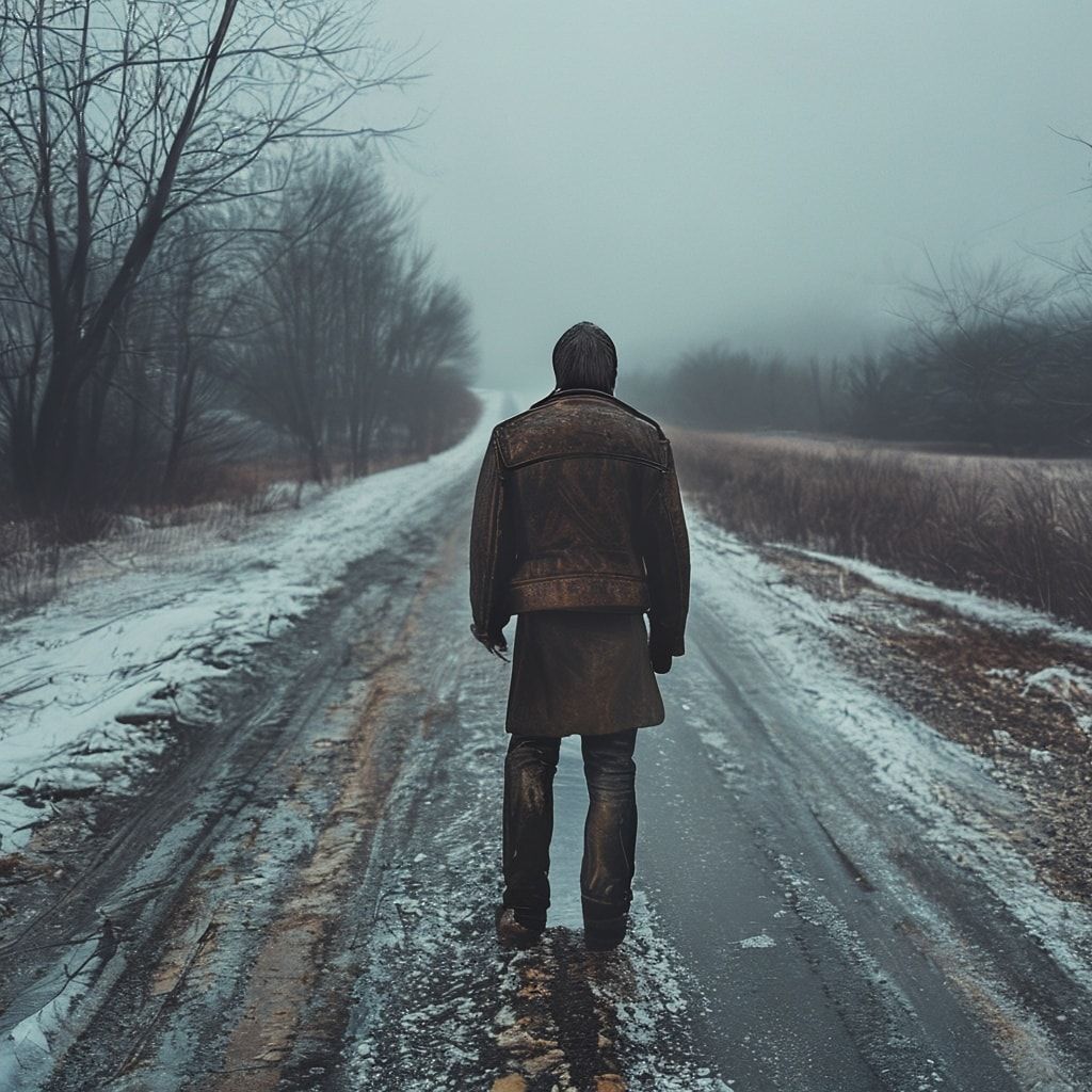 A solitary figure in a worn leather jacket stands motionless on a desolate winter road, her back turned to the viewer, shoulders slightly hunched against the biting cold. The path stretches endless...