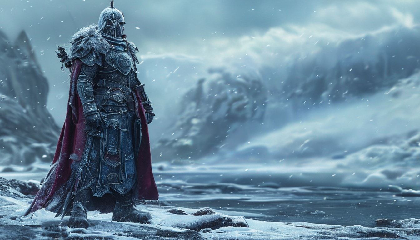 warrior-mage stands in a frozen landscape