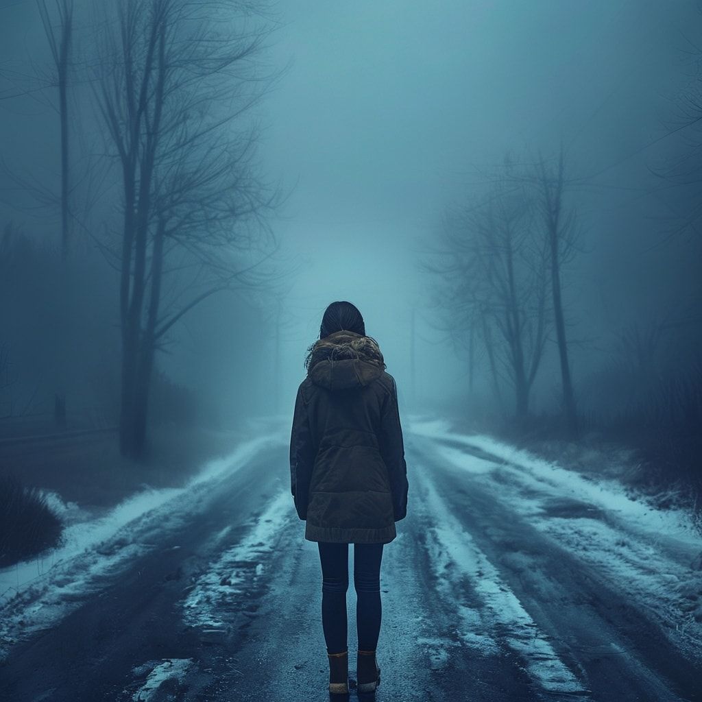 A girl with her back turned stands in a jacket on a winter road, an atmosphere of melancholy, loneliness and blue fog everywhere, as in dark ambient