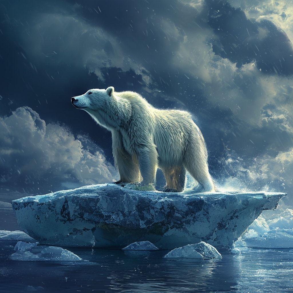 A lone polar bear stands on a fractured ice floe under a stormy Arctic sky, its fur glistening with frost. Dramatic chiaroscuro lighting casts deep shadows, emphasizing its powerful silhouette. The...