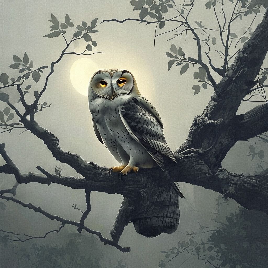 A majestic barn owl perched on a gnarled ancient oak branch, its golden eyes glowing in the soft moonlight filtering through sparse, misty foliage. The scene is rendered in minimalist clean lines, ...