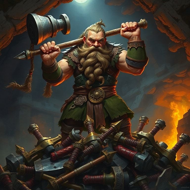 A grizzled, battle-scarred dwarf with a thick braided beard stands triumphantly atop a pile of shattered goblin weapons, his warhammer resting on his shoulder, in a dimly lit underground forge. The...