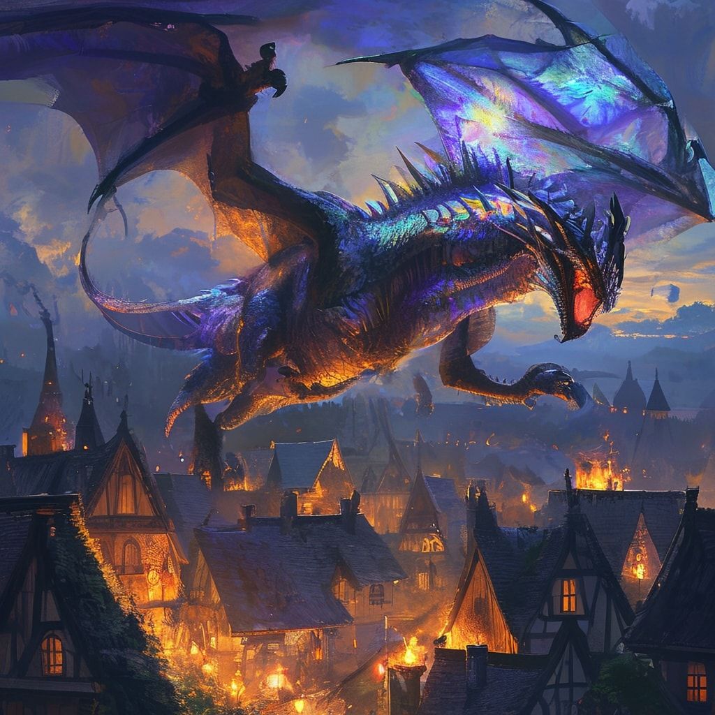 A majestic, iridescent-scaled dragon with glowing amber eyes soars gracefully over a medieval village at dusk, its massive wings casting shifting shadows over thatched roofs and flickering torches....