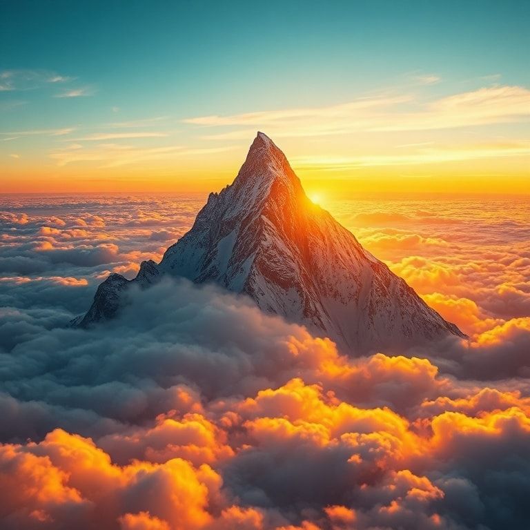 A solitary, razor-edged mountain peak erupts from a churning ocean of molten gold clouds at dawn, its frost-laden crest illuminated by an otherworldly radiance. The hyper-detailed 8K composition re...