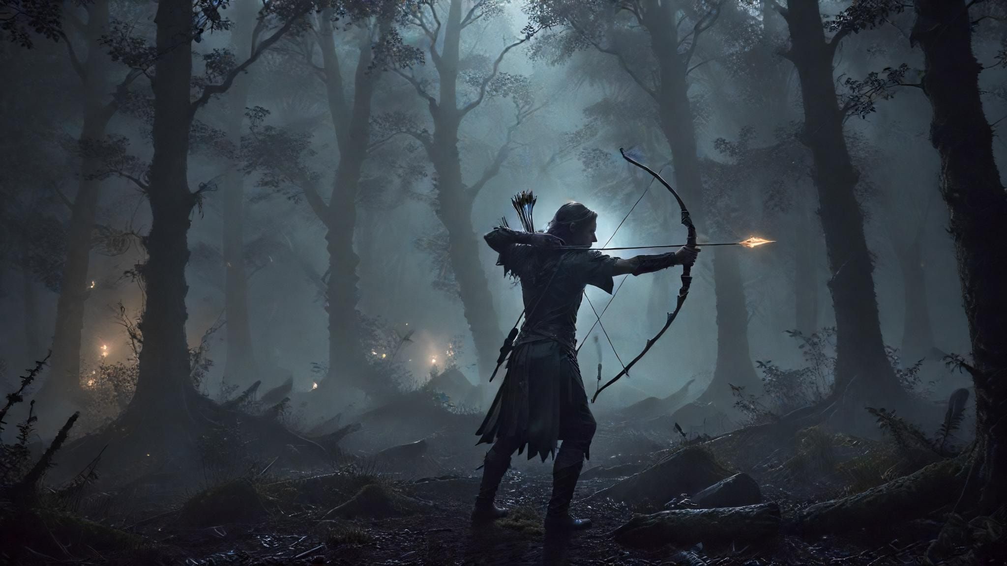 A lone elven archer, shrouded in darkness, pulls back a luminous arrow in a misty ancient forest at dusk. The noir-inspired lighting creates stark contrasts, highlighting the archer's silhouette ag...