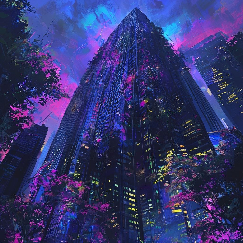 A towering, vine-choked skyscraper looms under a neon-lit twilight, its fractured glass reflecting psychedelic hues. Bold pop art strokes exaggerate jagged edges and wild foliage bursting from shat...