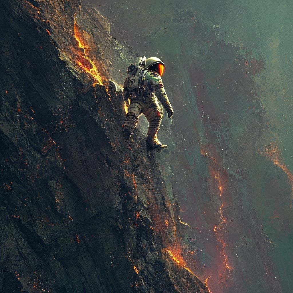 A lone astronaut in a battered, retro-futuristic spacesuit stands precariously on the fractured edge of an otherworldly cliff, its jagged rock formations glowing faintly under the eerie light of a ...