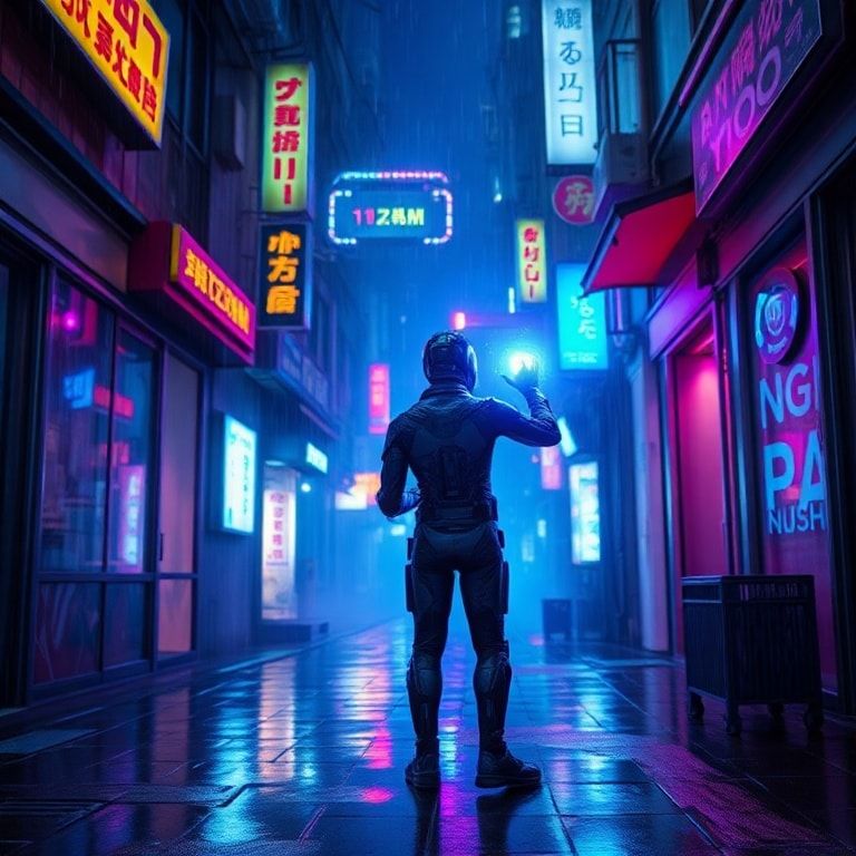 A lone figure in a sleek cybernetic suit interacts with a shimmering holographic interface, glowing with ethereal blue and violet light, suspended in the rain-slicked alleyways of a sprawling neon ...