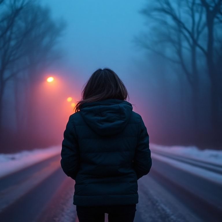 A girl with her back turned stands in a jacket on a winter road, an atmosphere of melancholy, loneliness and blue fog everywhere, as in dark ambient