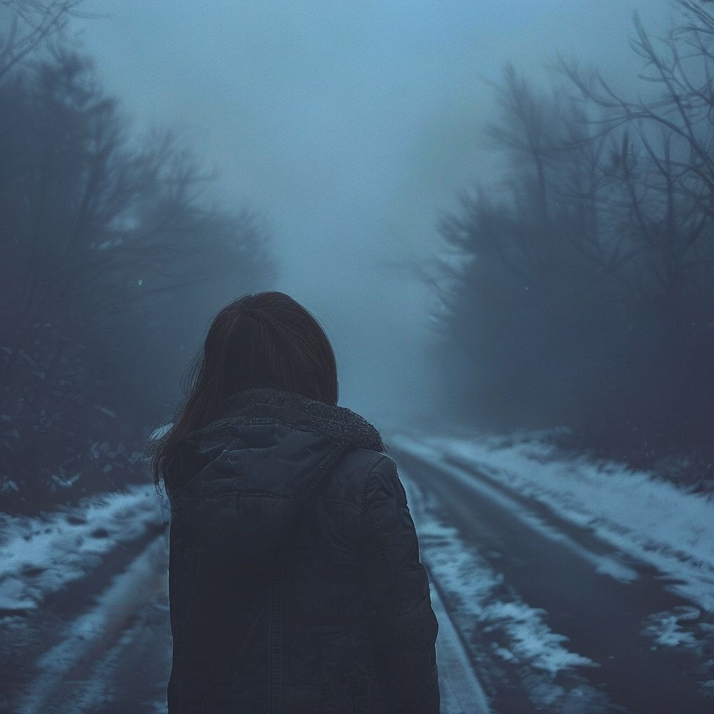 A girl with her back turned stands in a jacket on a winter road, an atmosphere of melancholy, loneliness and blue fog everywhere, as in dark ambient
