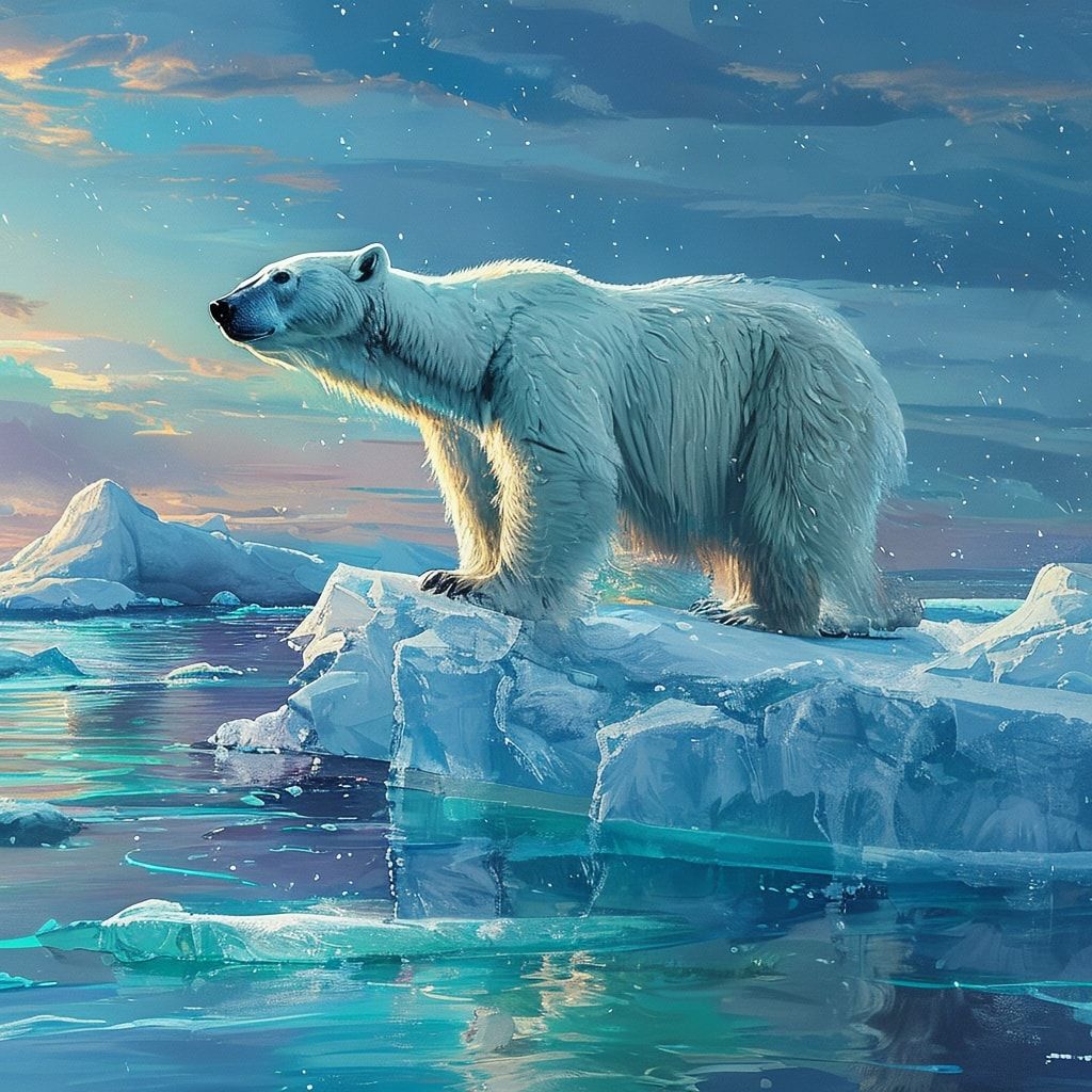 A majestic polar bear stands tall on a fractured ice floe, its fur glistening under the soft glow of the Arctic twilight, surrounded by shimmering turquoise waters. The sky is painted in hues of la...