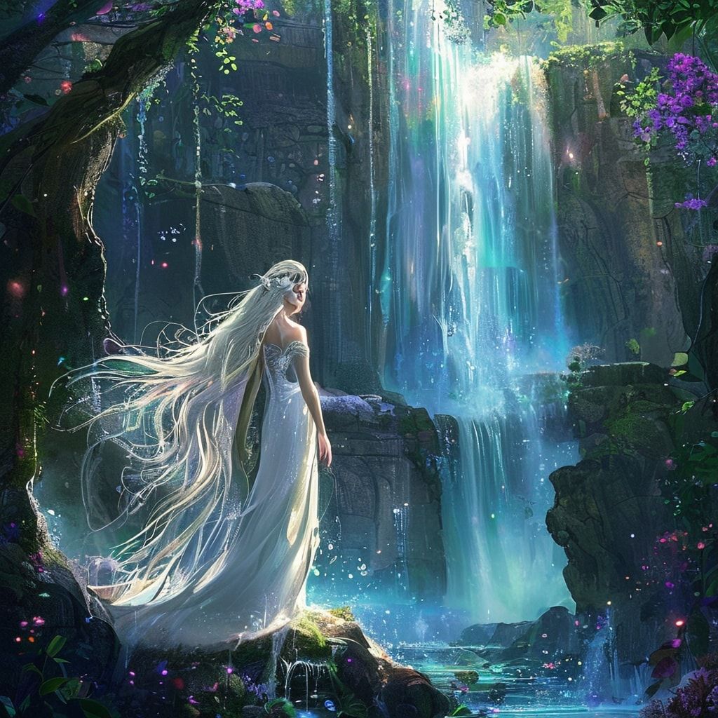 Elven sacred waterfall fantasy landscape, beautiful elven maiden with long flowing silver hair standing gracefully near mystical waterfall in sacred grove, crystal-clear water cascading down ancient rocks, rainbow mist rising from waterfall, ethereal light filtering through ancient trees, glowing flowers surrounding the sacred pool, mystical energy particles floating in air, ancient elven architecture visible in background, ethereal blue and green lighting, magical atmosphere, cinematic composition, cartoon style, anime art style, fantasy art style, peaceful and mystical mood, detailed and atmospheric, mystical glowing vines, dewdrops on leaves, elegant elven woman in flowing white dress, serene expression, ethereal beauty, animated style, vibrant colors
