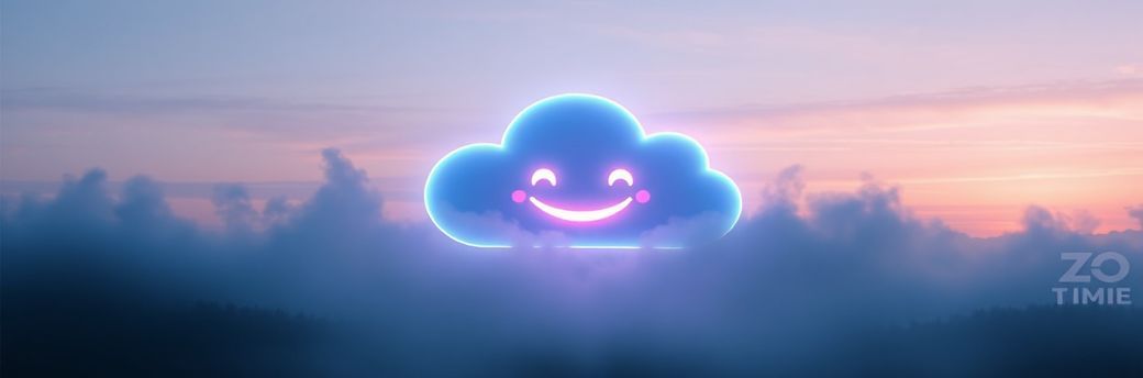 A sleek, futuristic logo of a cloud with a friendly, glowing face emerges from a soft mist, its edges shimmering with iridescent hues. The scene is set in a minimalist digital landscape at twilight...