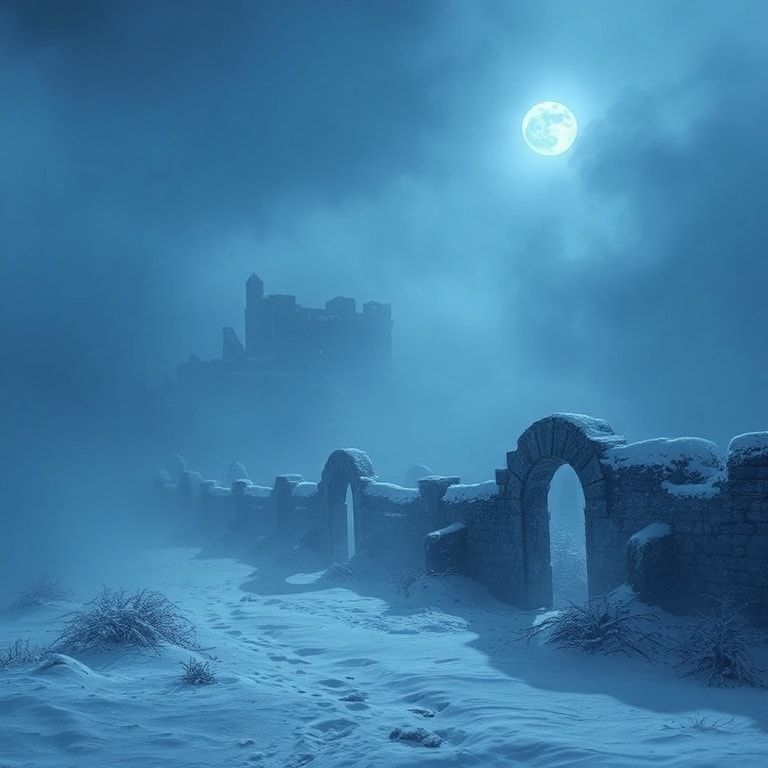 Deep blue winter fog surrounds the scene, drifting through snow-covered ground and distant stone ruins. The atmosphere is cold, mystical, and epic, inspired by Celtic fantasy lore. Cinematic composition, fantasy realism, deep blue and icy color palette, soft diffused moonlight, volumetric fog, subtle snowfall, ancient magic glow, dramatic depth, high detail textures, epic and melancholic mood