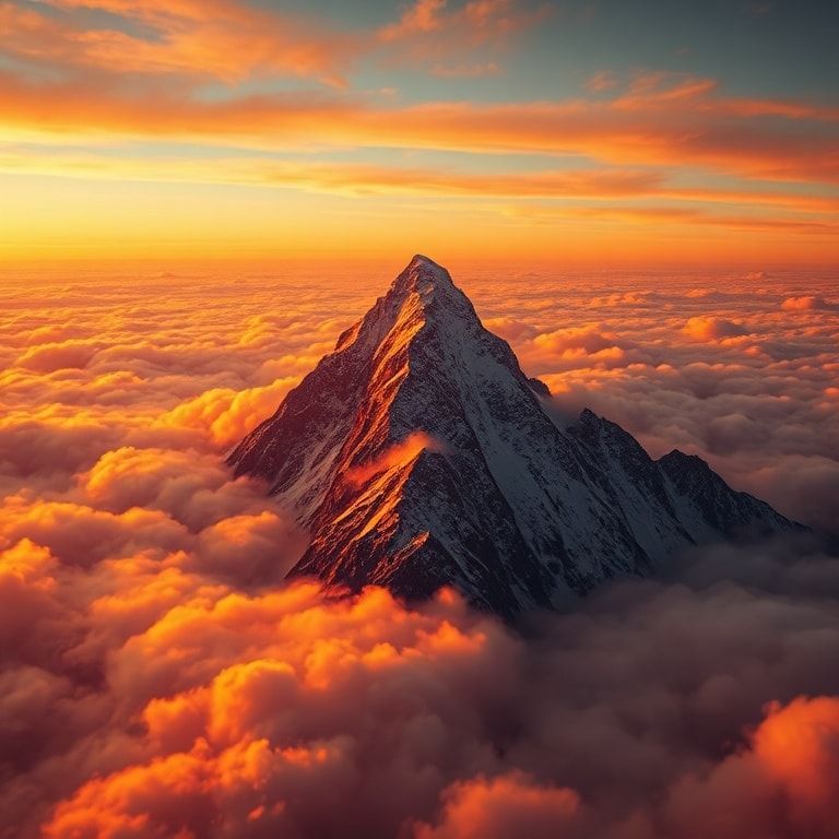 A solitary, razor-edged mountain peak erupts from a churning ocean of molten gold clouds at dawn, its frost-laden crest illuminated by an otherworldly radiance. The hyper-detailed 8K composition re...