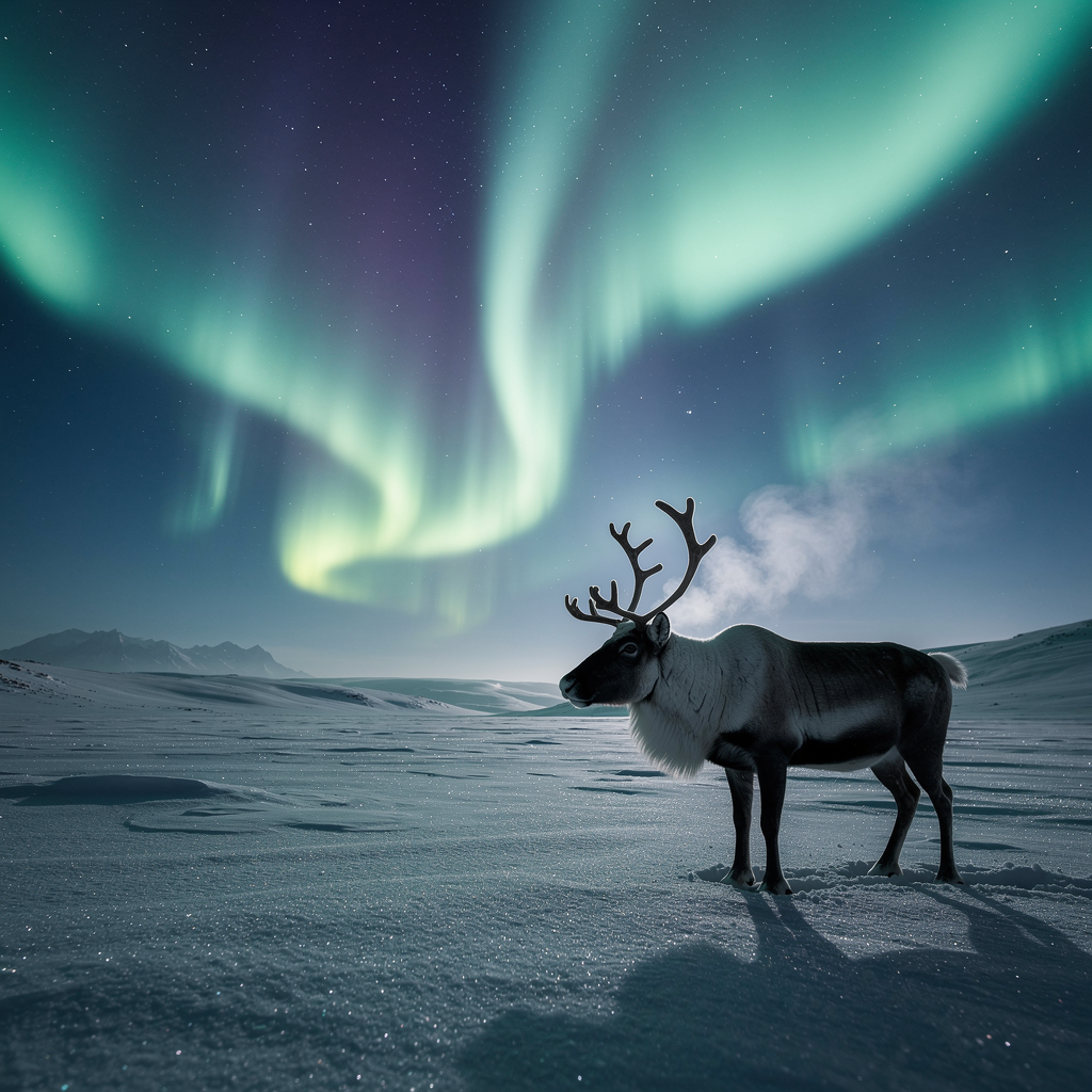 A lone reindeer stands silhouetted against the swirling emerald and violet aurora borealis, its breath visible in the crisp Arctic air. The vast tundra stretches endlessly, blanketed in untouched s...