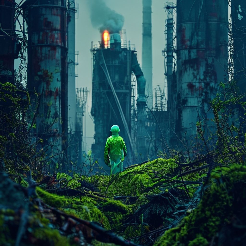 A lone figure in a hazmat suit stands amidst the skeletal remains of a nuclear power plant, bathed in the eerie glow of bioluminescent moss clinging to rusted metal. The minimalist composition emph...
