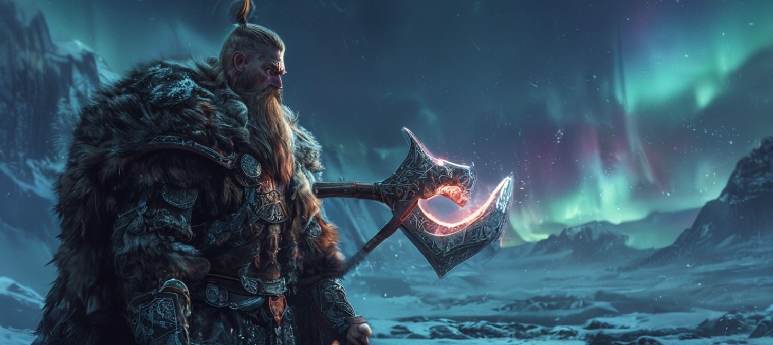 Fierce Viking warrior in fur-lined armor standing in frozen valley, holding glowing runic axe, northern lights in background, fantasy character art, detailed armor, epic pose