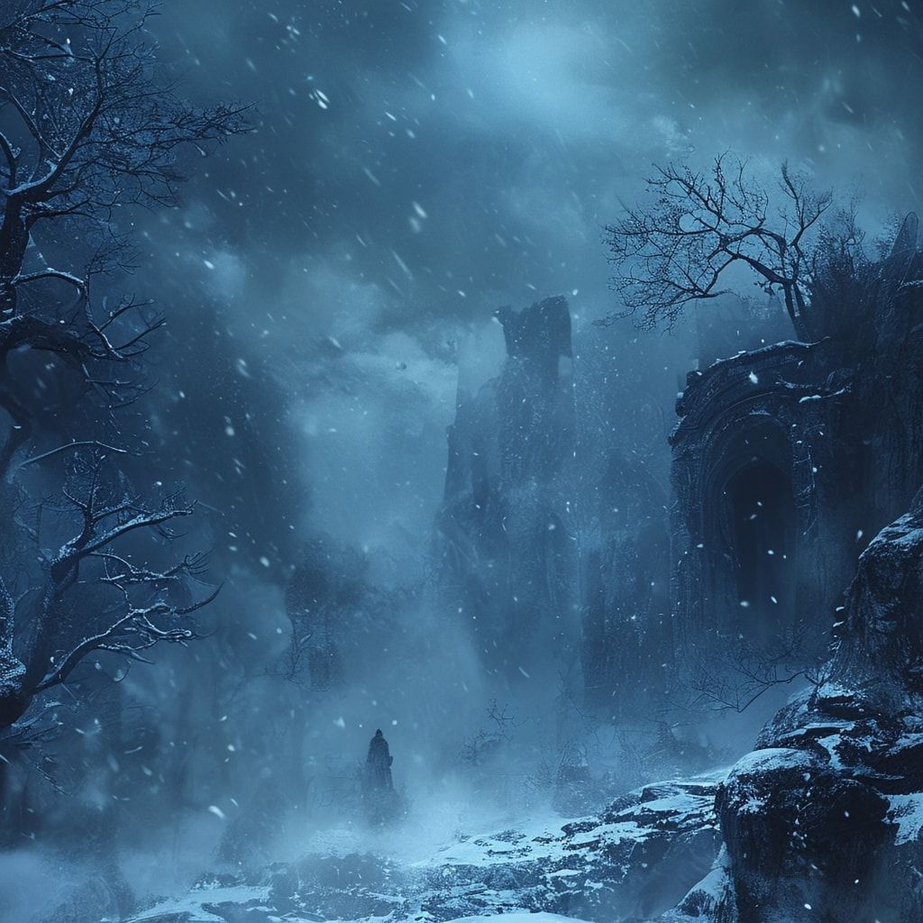 The atmosphere is cold, mystical, and epic, inspired by Celtic fantasy lore. Cinematic composition, fantasy realism, deep blue and icy color palette, soft diffused moonlight, volumetric fog, subtle snowfall, ancient magic glow, dramatic depth, high detail textures, epic and melancholic mood, album cover art.
