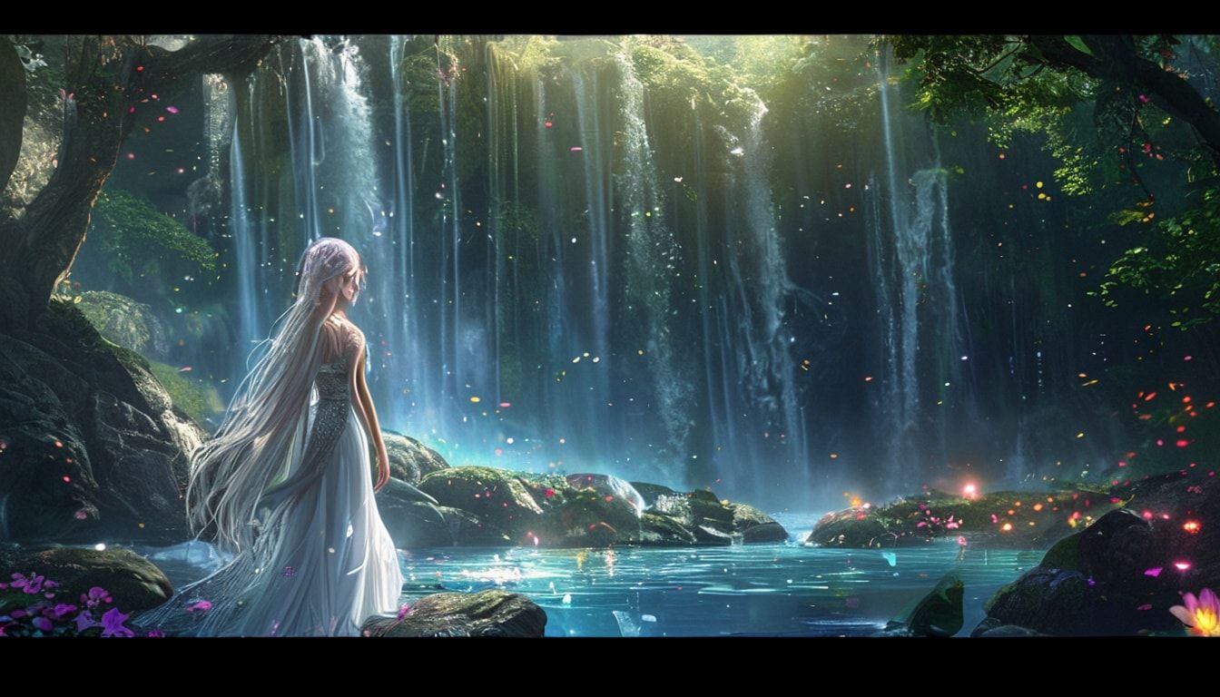 Elven sacred waterfall fantasy landscape, beautiful elven maiden with long flowing silver hair standing gracefully near mystical waterfall in sacred grove, crystal-clear water cascading down ancient rocks, rainbow mist rising from waterfall, ethereal light filtering through ancient trees, glowing flowers surrounding the sacred pool, mystical energy particles floating in air, ancient elven architecture visible in background, ethereal blue and green lighting, magical atmosphere, cinematic composition, cartoon style, anime art style, fantasy art style, peaceful and mystical mood, detailed and atmospheric, mystical glowing vines, dewdrops on leaves, elegant elven woman in flowing white dress, serene expression, ethereal beauty, animated style, vibrant colors, cartoons