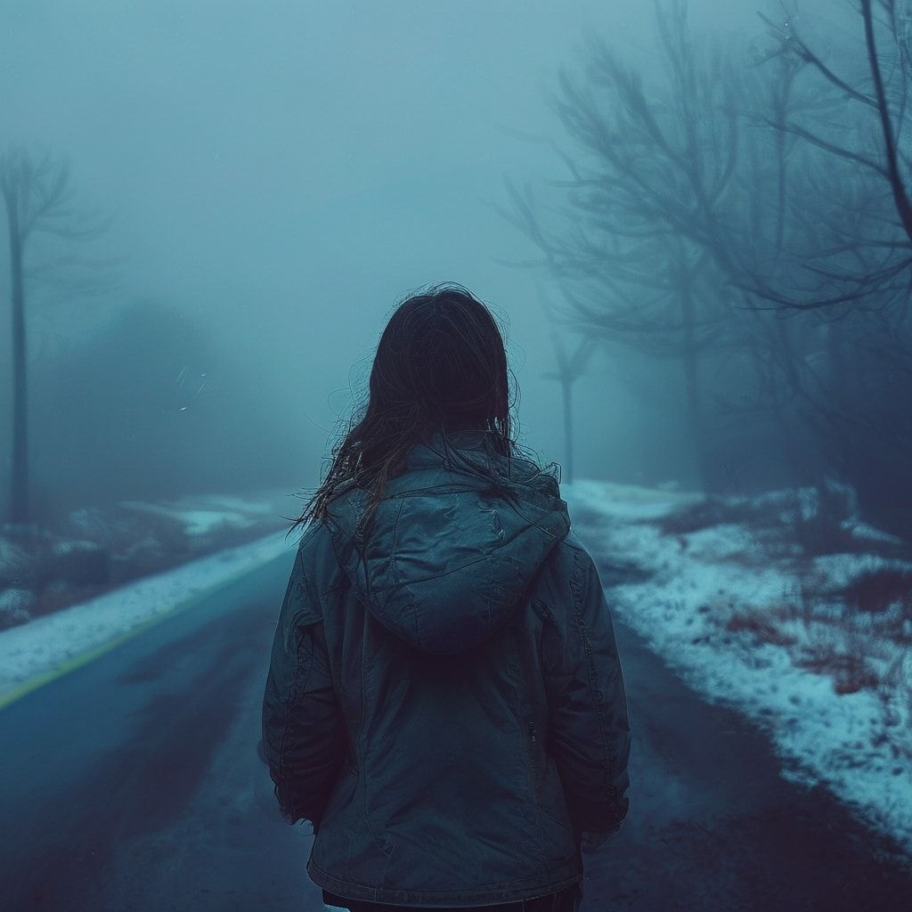 A girl with her back turned stands in a jacket on a winter road, an atmosphere of melancholy, loneliness and blue fog everywhere, as in dark ambient