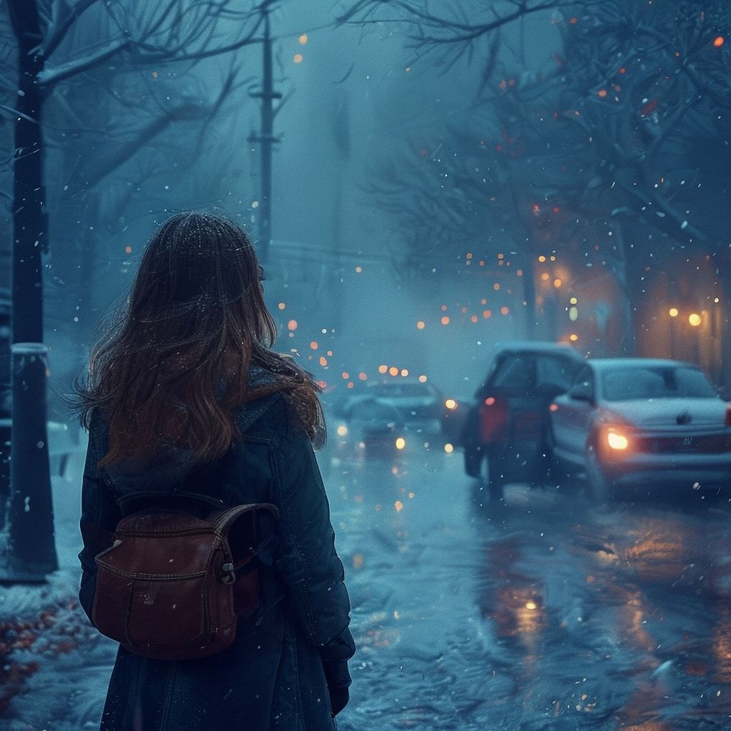 一个长头发穿着夹克，背过身的女孩站在路上看着远处，外面是冬天，深蓝色的雾，气氛就像电影里一样