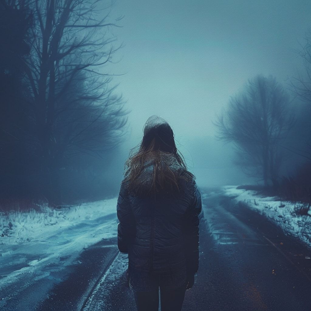 A girl with her back turned stands in a jacket on a winter road, an atmosphere of melancholy, loneliness and blue fog everywhere, as in dark ambient