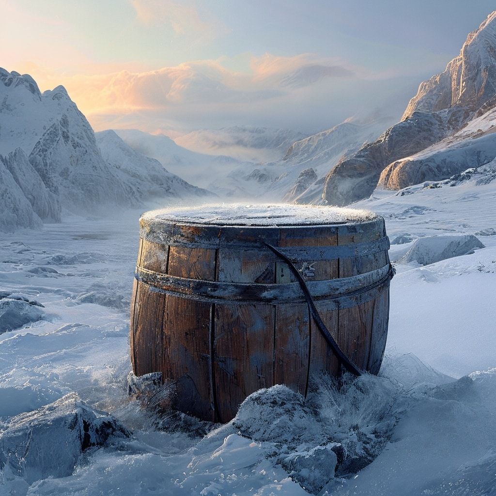 A weathered wooden barrel, half-buried in snow, rests in a vast, windswept valley, its rusted iron bands glinting under the pale glow of a winter dawn. Mist swirls around jagged ice formations, cas...