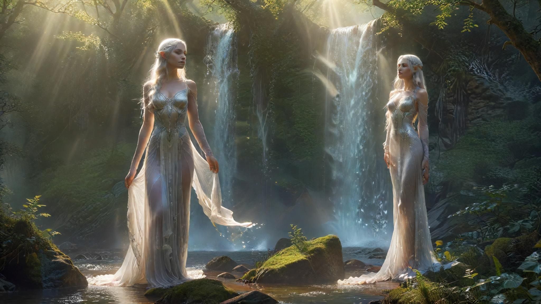 A luminous elven maiden with ethereal silver hair stands poised beside a shimmering waterfall in an enchanted forest glade, her delicate white gown rippling in the mist. Sunlight filters through em...