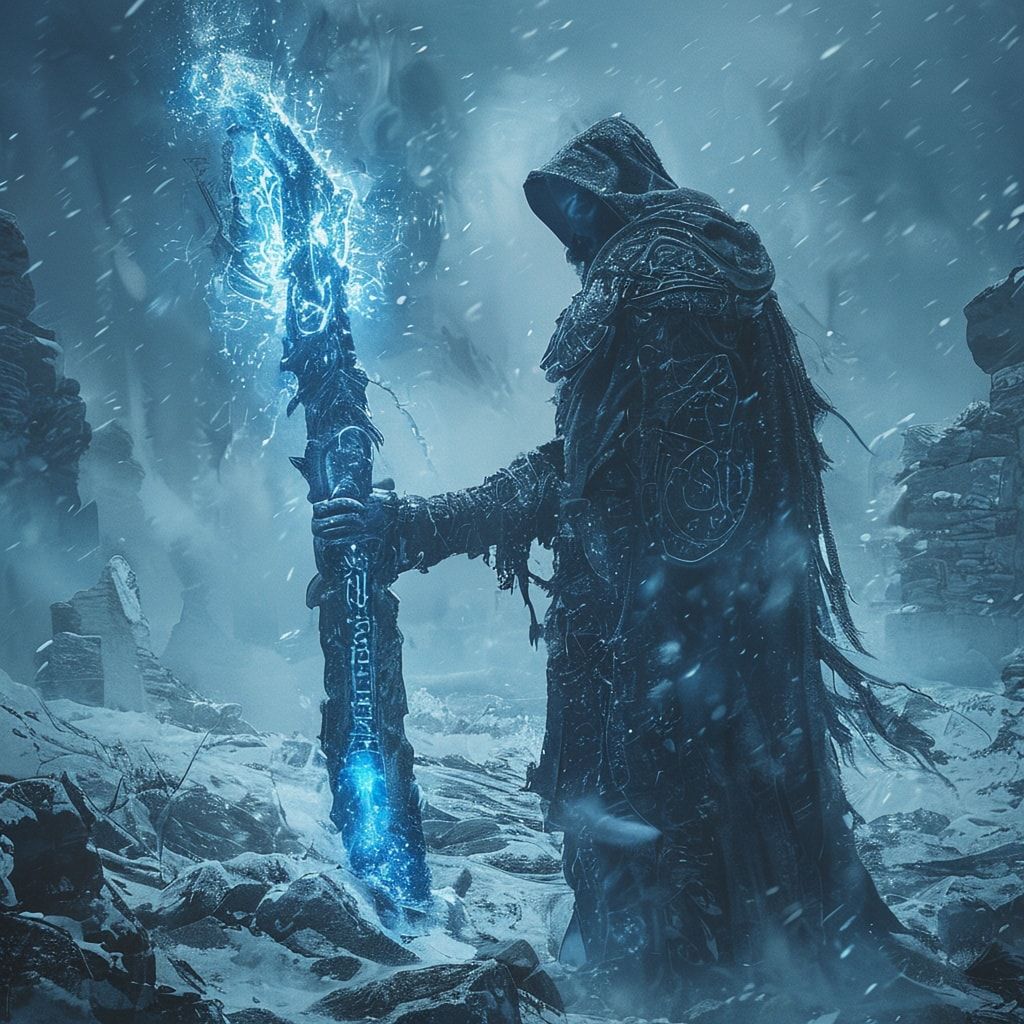 A lone Celtic warrior-mage stands in a frozen landscape, holding a glowing magical staff carved with ancient runes. He wears a long, heavy cloak and hood, his face partially hidden in shadow. Icy runes shimmer faintly along the staff and in the air around him. Deep blue winter fog surrounds the scene, drifting through snow-covered ground and distant stone ruins. The atmosphere is cold, mystical, and epic, inspired by Celtic fantasy lore. Cinematic composition, fantasy realism, deep blue and icy color palette, soft diffused moonlight, volumetric fog, subtle snowfall, ancient magic glow, dramatic depth, high detail textures, epic and melancholic mood, album cover art.