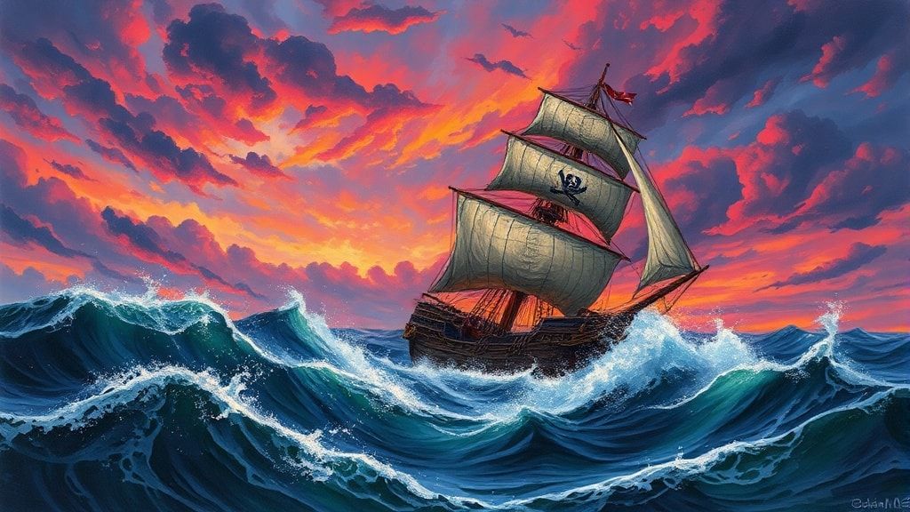 A towering pirate ship with tattered sails battles a raging storm under a bruised twilight sky, waves crashing violently against its weathered hull. Gouache painting style, opaque and vibrant, with...
