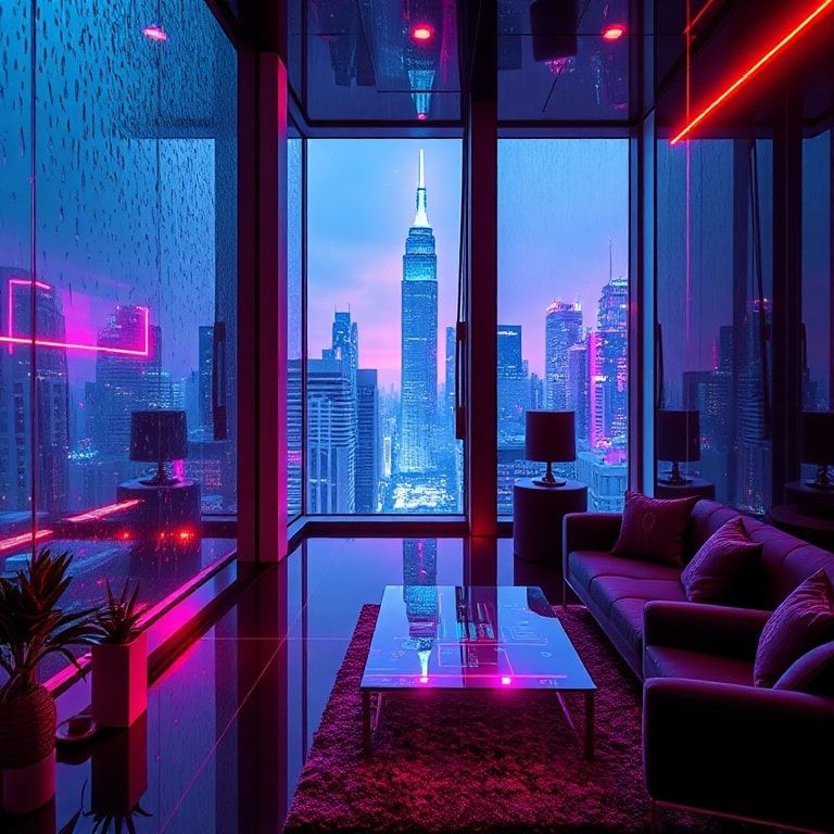 A sleek, high-tech apartment bathed in neon glow, holographic interfaces flickering across glass surfaces, rain-streaked windows reflecting the city’s towering skyline, dim ambient lighting casting...