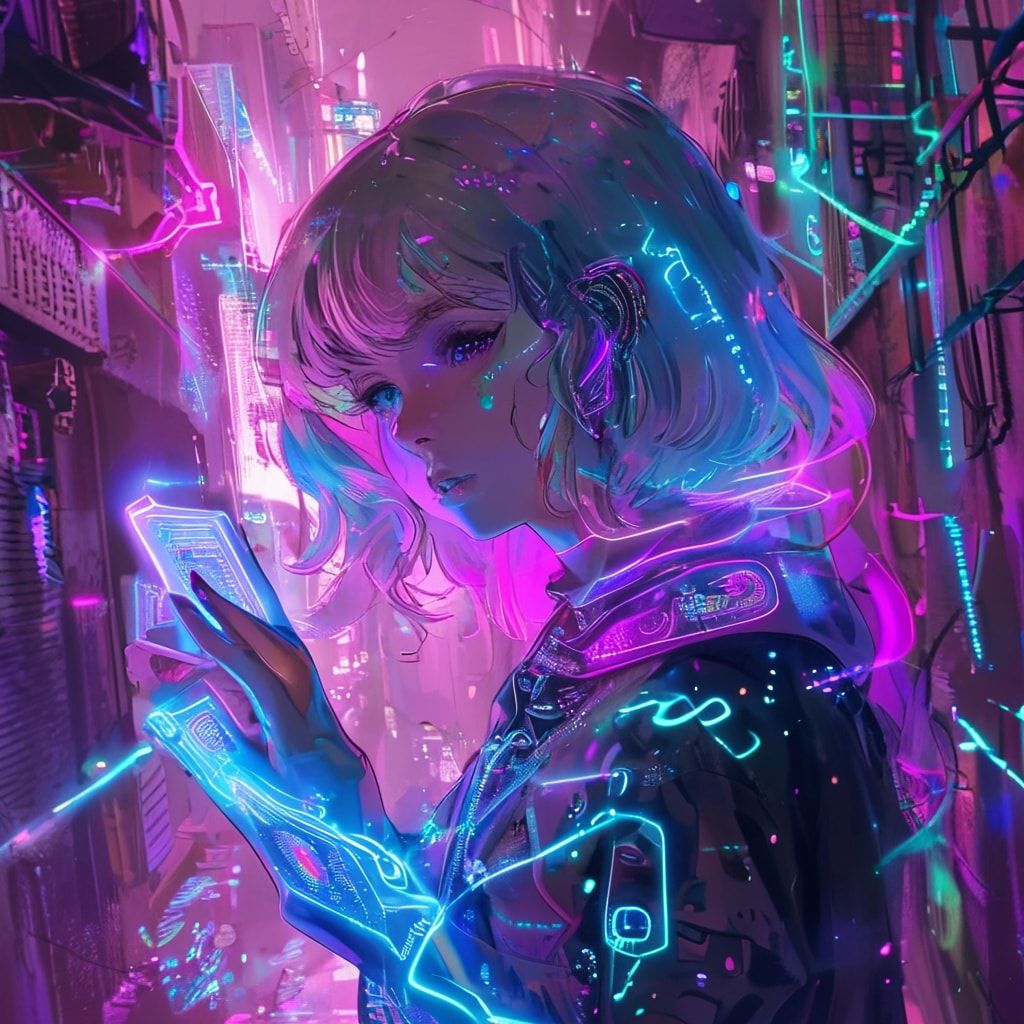 A vibrant anime girl with glowing pastel hair interacts with a floating holographic interface, her fingers tracing neon-blue data streams in a cyberpunk alley bathed in pink and teal neon lights, r...