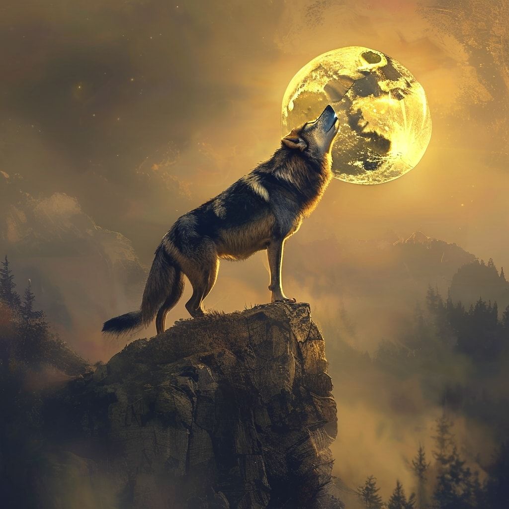 A majestic lone wolf stands atop a misty mountain ridge, head tilted back in a powerful howl under a glowing full moon, golden hour sunlight casting warm hues across the rugged landscape, vibrant a...