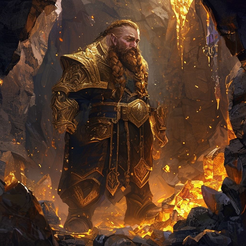 Dwarven golden vein fantasy landscape, majestic dwarven warrior with long braided beard and ornate golden armor standing proudly in underground mine, glowing golden veins of ore shimmering in stone walls, golden light reflecting on metal tools and equipment, torchlight illuminating golden deposits, crystal formations mixed with gold ore, ancient dwarven architecture with golden decorations, warm golden and orange lighting, magical atmosphere, cinematic composition, cartoon style, anime art style, fantasy art style, proud and triumphant mood, detailed and atmospheric, mystical glowing gold, elegant dwarven woman in ceremonial dress holding golden nugget, strong expression, noble beauty, animated style, vibrant colors