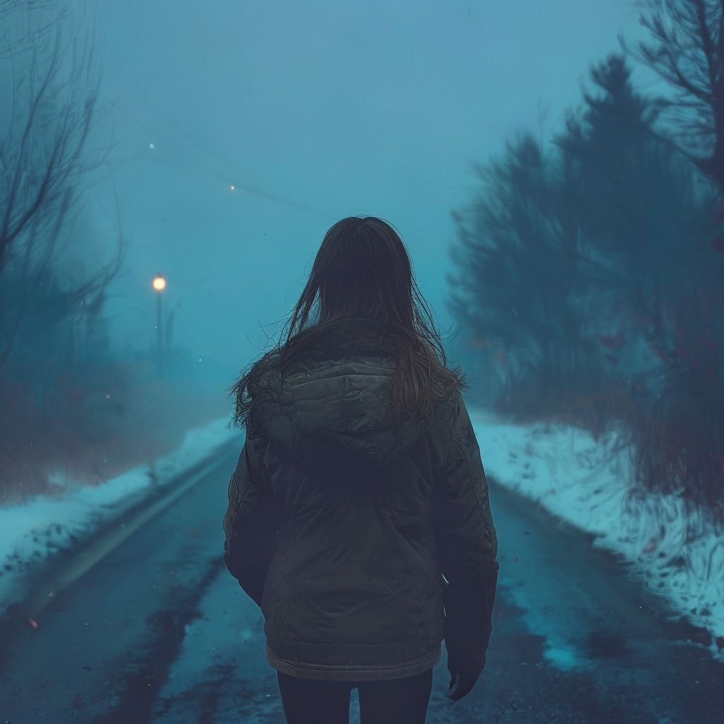 A girl with her back turned stands in a jacket on a winter road, an atmosphere of melancholy, loneliness and blue fog everywhere, as in dark ambient