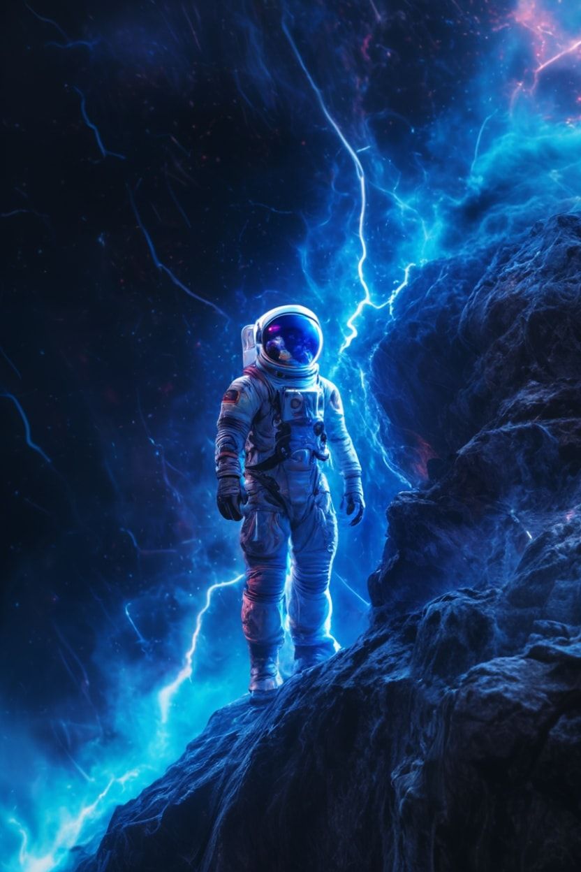 A lone astronaut in a tattered spacesuit stands on the edge of a crumbling alien cliff, gazing at a swirling cosmic storm below, neon-blue lightning illuminating their reflective visor. Hyper-detai...