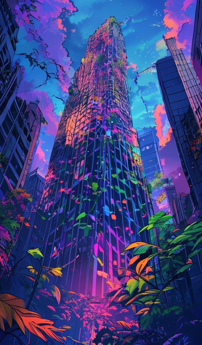 A towering, vine-choked skyscraper looms under a neon-lit twilight, its fractured glass reflecting psychedelic hues. Bold pop art strokes exaggerate jagged edges and wild foliage bursting from shat...