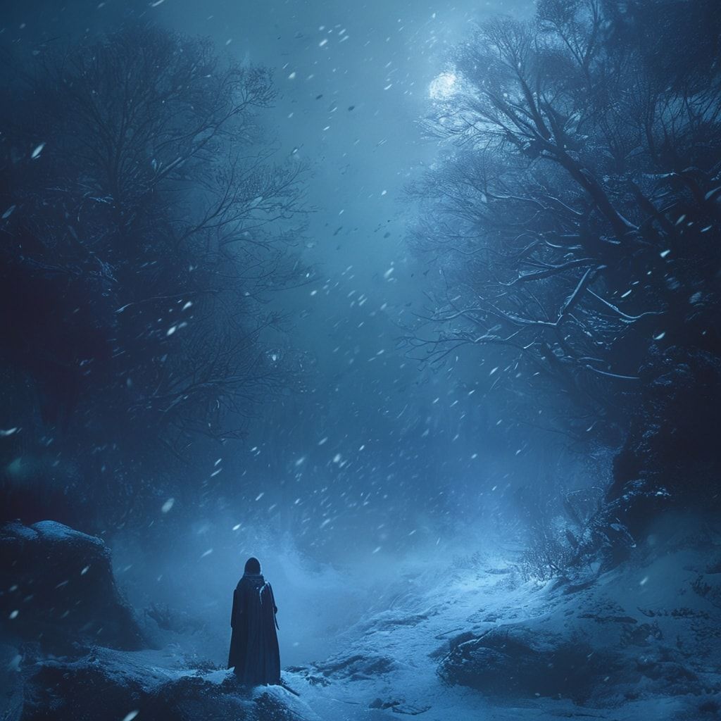 Cinematic composition, fantasy realism, deep blue and icy color palette, soft diffused moonlight, volumetric fog, subtle snowfall, ancient magic glow, dramatic depth, high detail textures, epic and melancholic mood