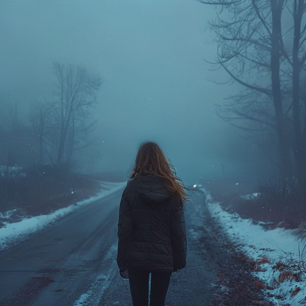 A girl with her back turned stands in a jacket on a winter road, an atmosphere of melancholy, loneliness and blue fog everywhere, as in dark ambient