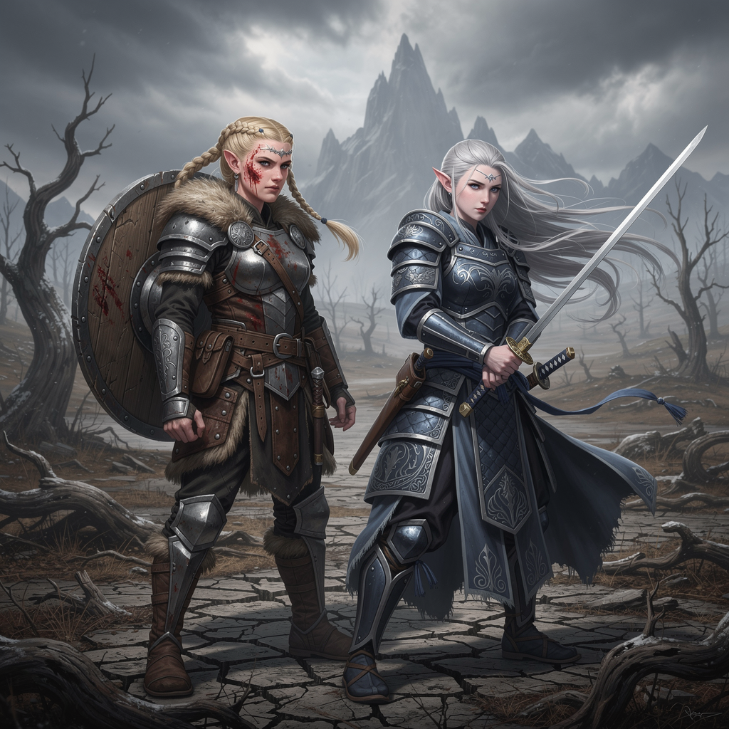 girl viking with girl elf wither landscape warrior samurai katana