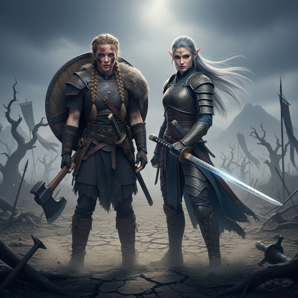 girl viking with girl elf wither landscape warrior samurai katana