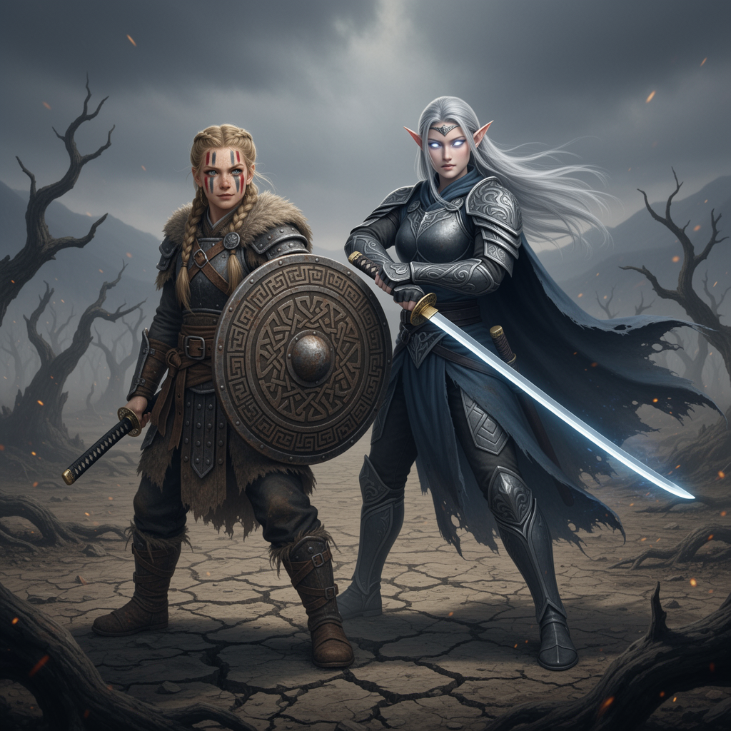girl viking with girl elf wither landscape warrior samurai katana