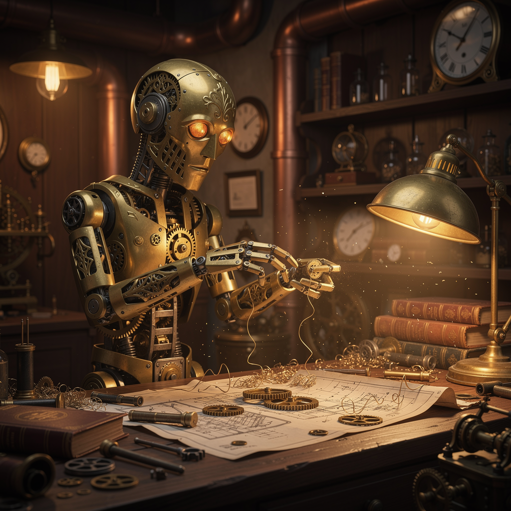 A meticulously crafted clockwork automaton with brass gears and glowing amber eyes stands poised in a dimly lit Victorian workshop, its delicate fingers adjusting a tiny cogwheel. Warm golden light...