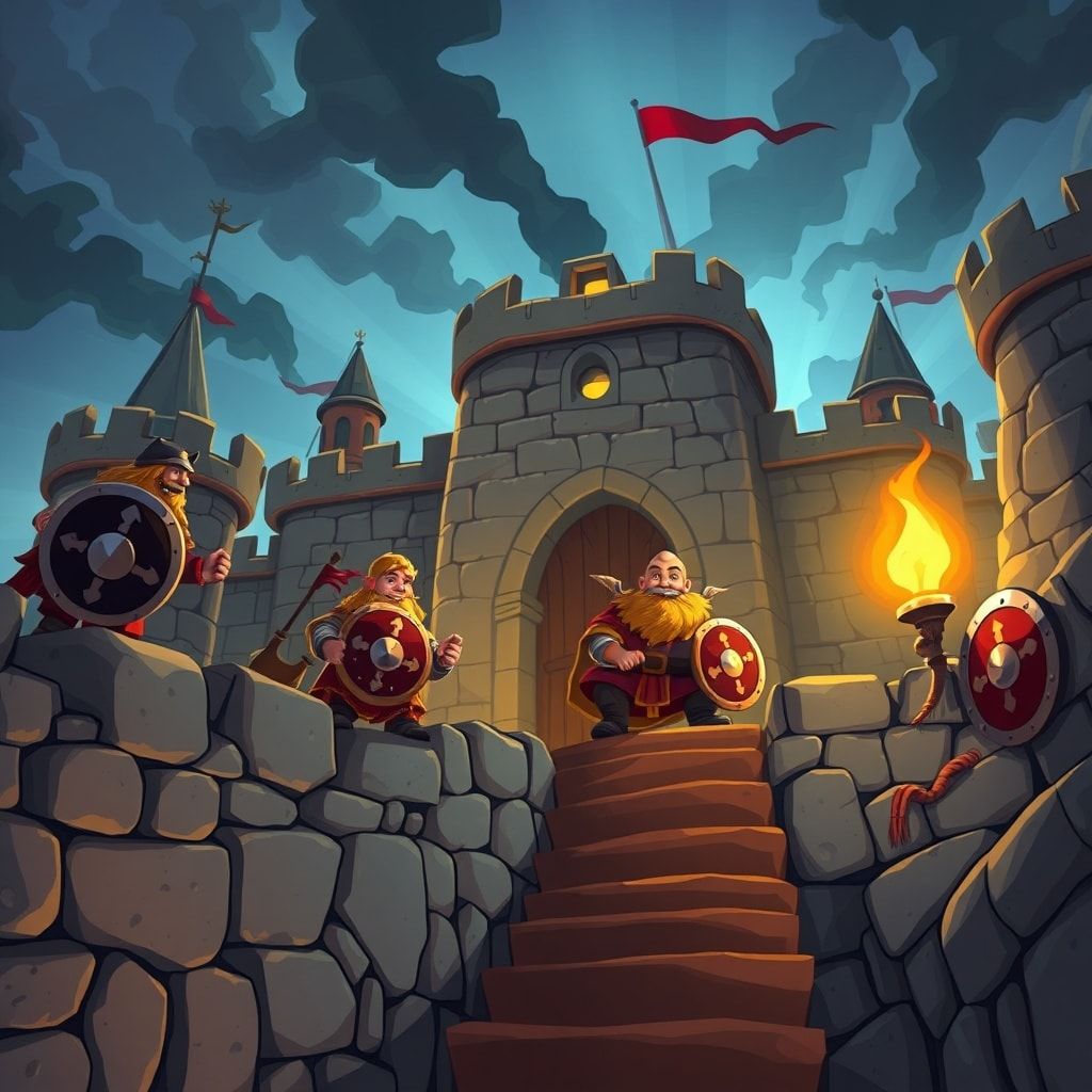 Cartoon style dwarven fantasy video, animated style, anime art style. Dwarven fortress under siege—shields along parapets, gates holding, torchlight on stone, slow dramatic camera along the walls, steadfast defense mood, high quality visual effects, family-friendly fantasy aesthetic
