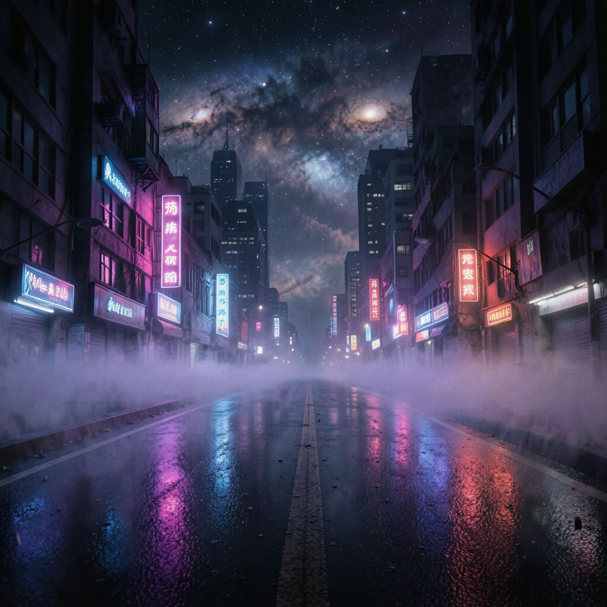 A dark synthwave cinematic scene: an empty night road cutting through a futuristic noir city, glowing with deep neon lights in purple, blue, and crimson. Thick fog drifts across the street, reflecting neon signs and distant skyscrapers. Above the city, the night sky opens into a surreal cosmic view — stars, nebula clouds, and faint galaxies blending into the urban skyline. The atmosphere is mysterious, epic, and cinematic, mixing cyberpunk noir with cosmic fantasy. High contrast lighting, dramatic perspective, wide-angle shot, neon reflections on wet asphalt, volumetric fog, deep shadows, subtle film grain, retro-futuristic color palette, epic dark mood, like a scene from a sci-fi movie.