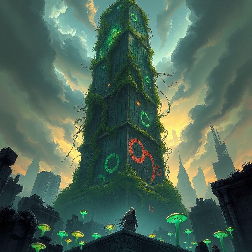 A towering, vine-choked skyscraper looms over a fractured metropolis, its glass panes shattered like dragon scales, while bioluminescent fungi pulse in the ruins below. A lone, hooded figure stands...