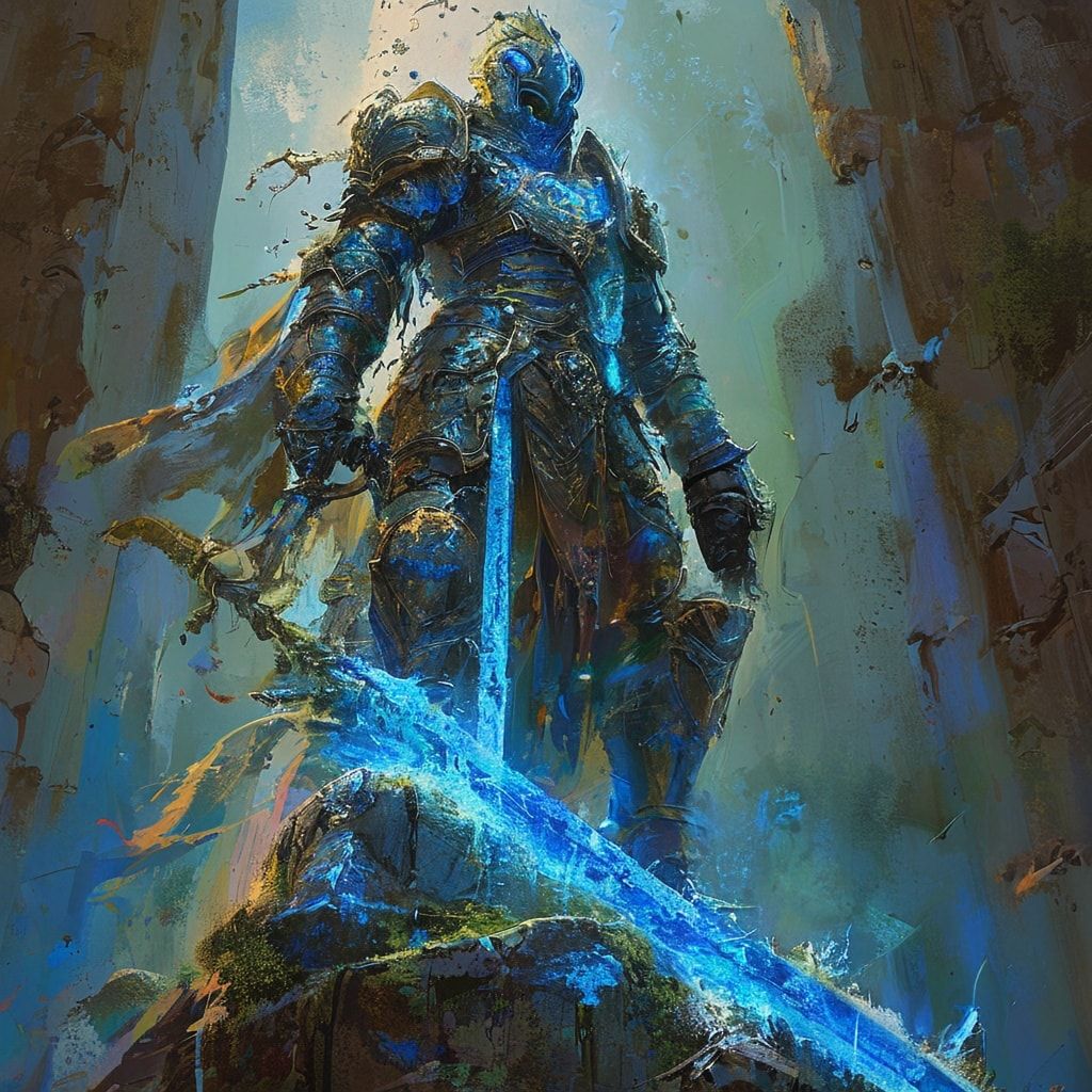 A towering fantasy warrior clad in ornate, weathered armor stands victorious atop a moss-covered stone ruin, his glowing rune-engraved greatsword embedded in the ground, emanating ethereal blue mis...
