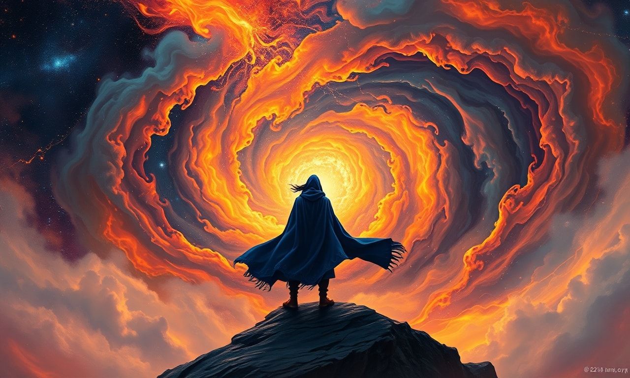A lone wanderer, draped in a flowing indigo cloak, stands at the precipice of a swirling cosmic vortex, their silhouette sharply defined against the vibrant, fractal storm of energy. The maelstrom ...